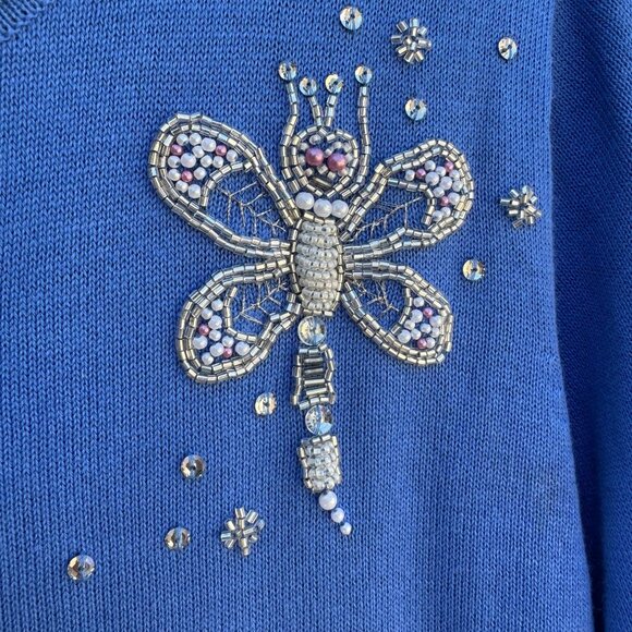 Bob Mackie Wearable Art Blue Beaded Dragonfly Design Knit Cardigan Sweater New S - Picture 7 of 8